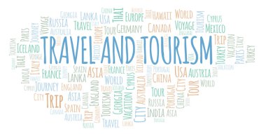 Seyahat ve Turizm kelime bulutu. Yalnızca metin ile yapılan Wordcloud.