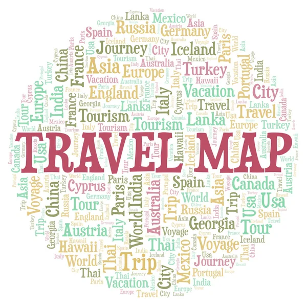 Mapa Viajes Palabra Nube Wordcloud Hecho Solo Con Texto —  Fotos de Stock