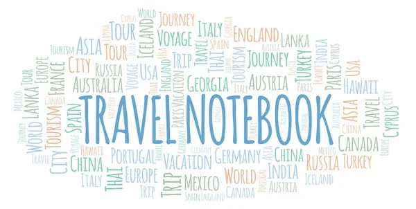 Cuaderno Viaje Palabra Nube Wordcloud Hecho Solo Con Texto — Foto de Stock