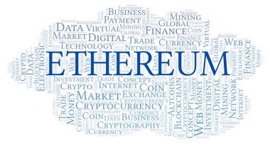 Ethereum cryptocurrency para kelime bulutu. Yalnızca metin ile yapılan kelime bulutu.