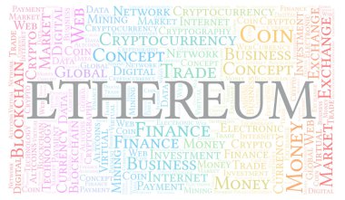 Ethereum cryptocurrency para kelime bulutu. Yalnızca metin ile yapılan kelime bulutu.