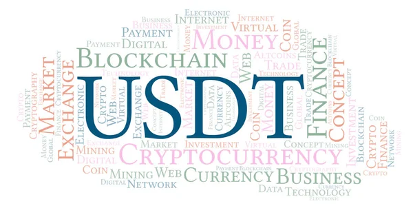 USDT or Tether cryptocurrency coin word cloud. Word cloud made with text only.