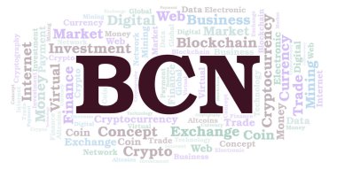 Cryptocurrency para kelime bulutu BCN veya Bytecoin. Yalnızca metin ile yapılan kelime bulutu.