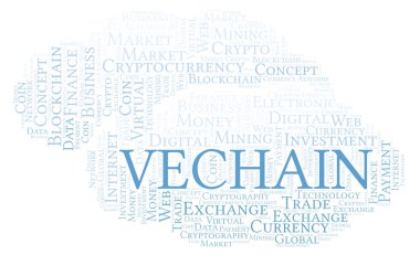 Vechain cryptocurrency para kelime bulutu. Yalnızca metin ile yapılan kelime bulutu.