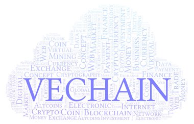 Vechain cryptocurrency para kelime bulutu. Yalnızca metin ile yapılan kelime bulutu.