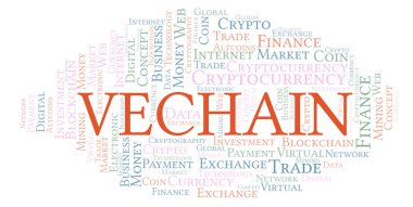 Vechain cryptocurrency para kelime bulutu. Yalnızca metin ile yapılan kelime bulutu.