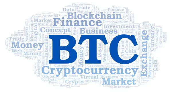 Btc Bitcoin Criptomoeda Nuvem Palavras Moeda Nuvem Word Feita Apenas — Fotografia de Stock