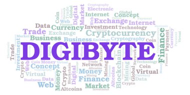 Digibyte cryptocurrency para kelime bulutu. Yalnızca metin ile yapılan kelime bulutu.