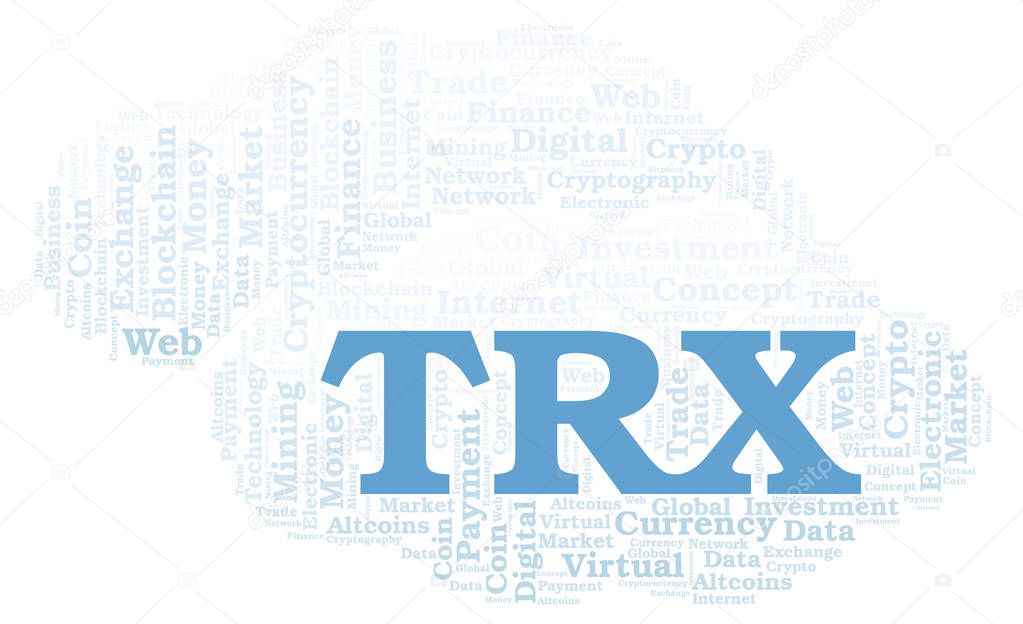 TRX or TRON cryptocurrency coin word cloud. Word cloud made with text only.