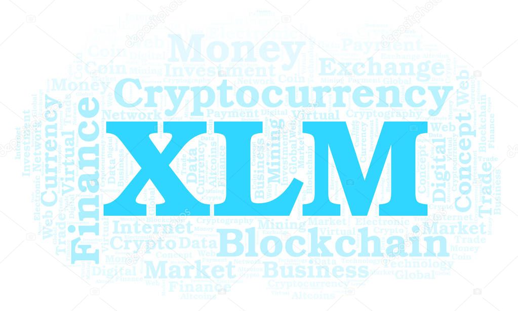 XLM or Stellar cryptocurrency coin word cloud. Word cloud made with text only.