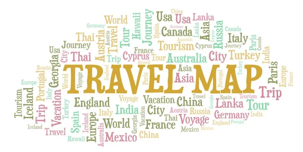 Mapa Viagem Nuvem Palavras Wordcloud Feito Apenas Com Texto — Fotografia de Stock