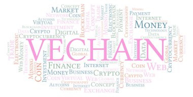 Vechain cryptocurrency para kelime bulutu. Yalnızca metin ile yapılan kelime bulutu.