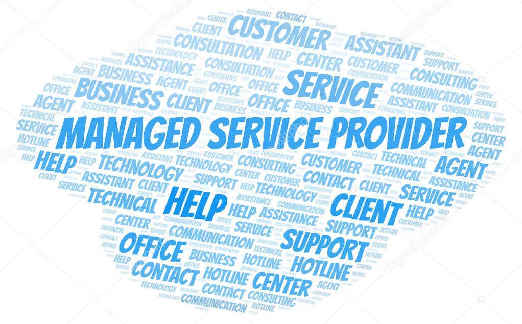 Managed Service Provider word cloud. Wordcloud made with text only.