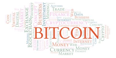 Bitcoin cryptocurrency para kelime bulutu. Yalnızca metin ile yapılan kelime bulutu.