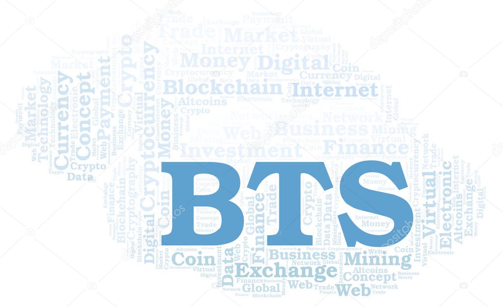 BTS or BitShares cryptocurrency coin word cloud. Word cloud made with text only.