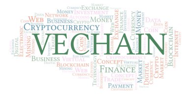 Vechain cryptocurrency para kelime bulutu. Yalnızca metin ile yapılan kelime bulutu.