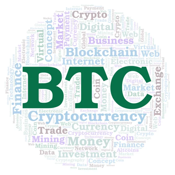 Btc Vagy Bitcoin Cryptocurrency Érme Szó Felhő Gyártott Val Csak — Stock Fotó