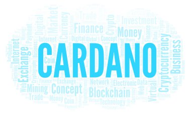 Cardano cryptocurrency sikke kelime bulutu. Yalnızca metin ile yapılan kelime bulutu.