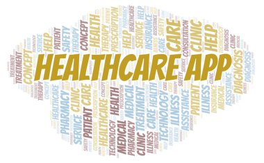 Sağlık App Kelime bulutu. Yalnızca metin ile yapılan Wordcloud.