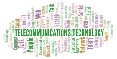 Telekomünikasyon teknolojisi kelime bulutu. Yalnızca metin ile yapılan Wordcloud.