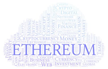Ethereum cryptocurrency para kelime bulutu. Yalnızca metin ile yapılan kelime bulutu.