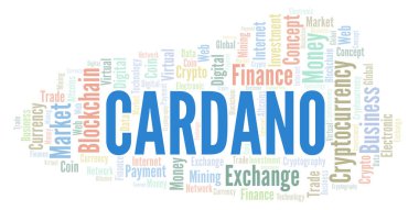 Cardano cryptocurrency sikke kelime bulutu. Yalnızca metin ile yapılan kelime bulutu.