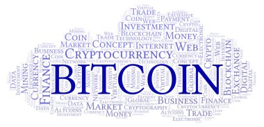 Bitcoin cryptocurrency para kelime bulutu. Yalnızca metin ile yapılan kelime bulutu.