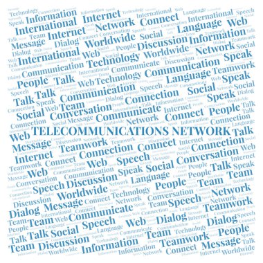 Telekomünikasyon ağ kelime bulutu. Yalnızca metin ile yapılan Wordcloud.