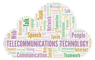 Telekomünikasyon teknolojisi kelime bulutu. Yalnızca metin ile yapılan Wordcloud.