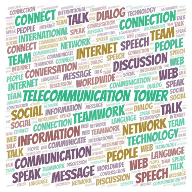 Telekomünikasyon kule kelime bulutu. Yalnızca metin ile yapılan Wordcloud.