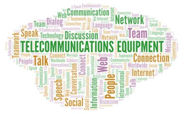 Telekomünikasyon donanımları kelime bulutu. Yalnızca metin ile yapılan Wordcloud.