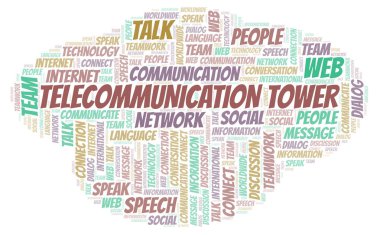 Telekomünikasyon kule kelime bulutu. Yalnızca metin ile yapılan Wordcloud.