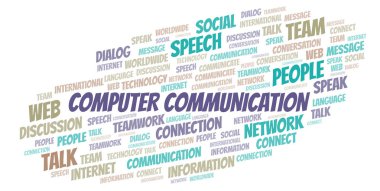 Bilgisayar iletişim kelime bulutu. Yalnızca metin ile yapılan Wordcloud.