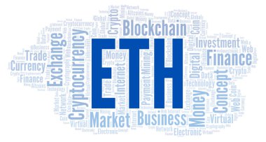 Cryptocurrency para kelime bulutu ETH veya Ethereum. Yalnızca metin ile yapılan kelime bulutu.