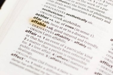 Sözcük veya tümceciğin marker ile vurgulanan bir sözlük Affable.