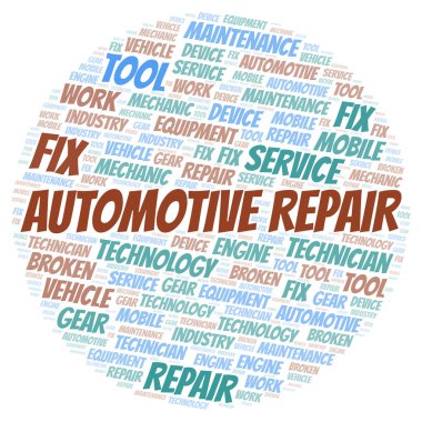 Otomotiv tamir kelime bulutu. Yalnızca metin ile yapılan Wordcloud.