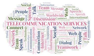 Telekomünikasyon hizmetleri kelime bulutu. Yalnızca metin ile yapılan Wordcloud.