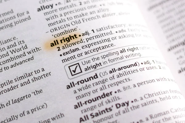 Слово Словосочетание All Right Словаре Выделено Маркером — стоковое фото