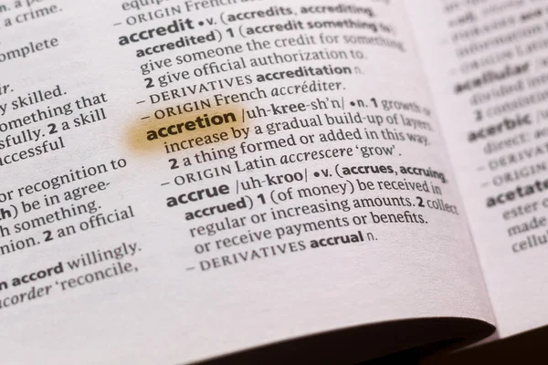 Mot Phrase Accrétion Dans Dictionnaire Surligné Marqueur — Photo