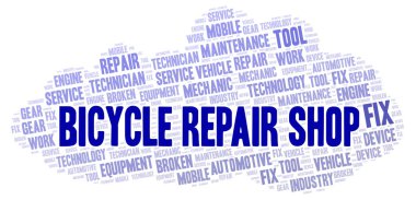 Bisiklet tamircisi kelime bulutu. Yalnızca metin ile yapılan Wordcloud.