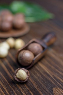 Karanlık tablo üzerinde tahta bir kaşık içinde Macadamia fındık