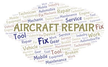 Uçak onarım kelime bulutu. Yalnızca metin ile yapılan Wordcloud.