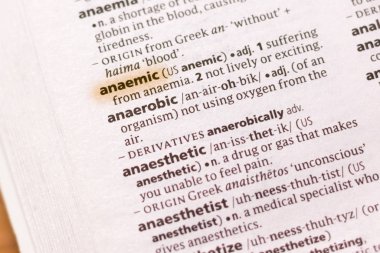 Sözcük veya tümceciğin marker ile vurgulanan bir sözlük Anaemic.