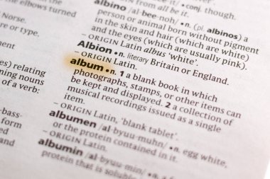 Sözcük veya tümceciğin marker ile vurgulanan bir sözlük albüm.