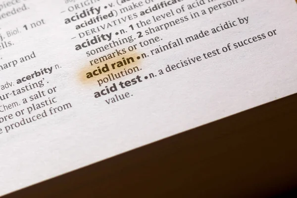The word or phrase Acid Rain in a dictionary highlighted with marker.