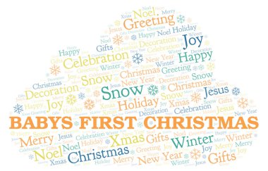 Babys ilk Noel kelime bulutu. Yalnızca metin ile yapılan Wordcloud.