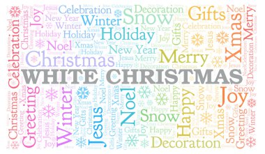 Beyaz Noel kelime bulutu. Yalnızca metin ile yapılan Wordcloud.