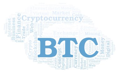 BTC veya Bitcoin cryptocurrency para kelime bulutu. Yalnızca metin ile yapılan kelime bulutu.