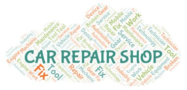 Araba tamircisi kelime bulutu. Yalnızca metin ile yapılan Wordcloud.