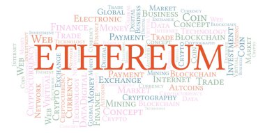Ethereum cryptocurrency para kelime bulutu. Yalnızca metin ile yapılan kelime bulutu.